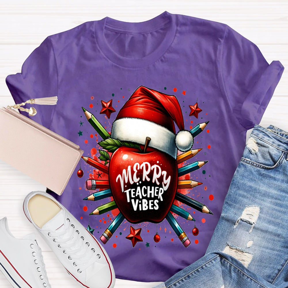 Merry Teacher Vibes Christmas Hat And Peace Apple T-shirt