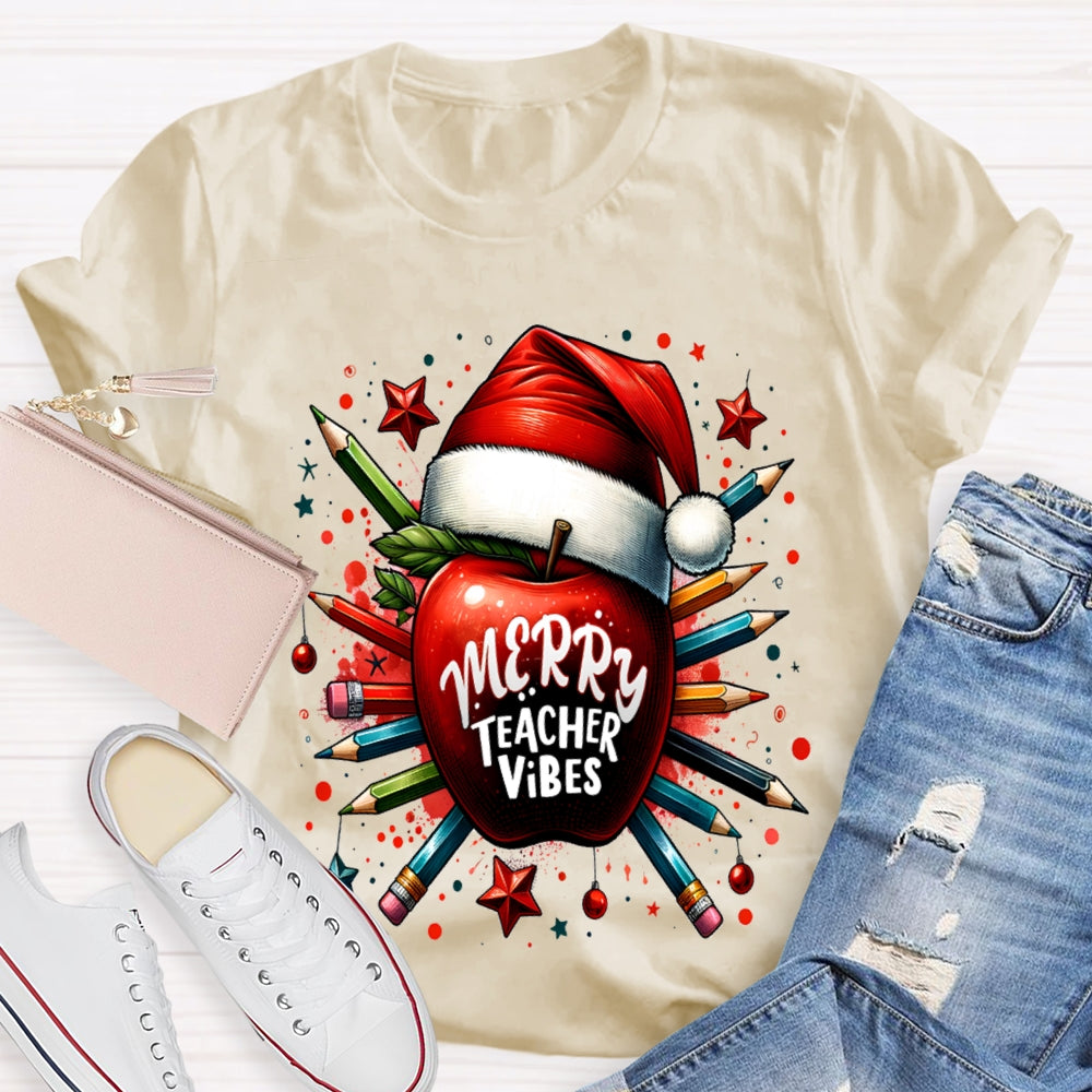 Merry Teacher Vibes Christmas Hat And Peace Apple T-shirt