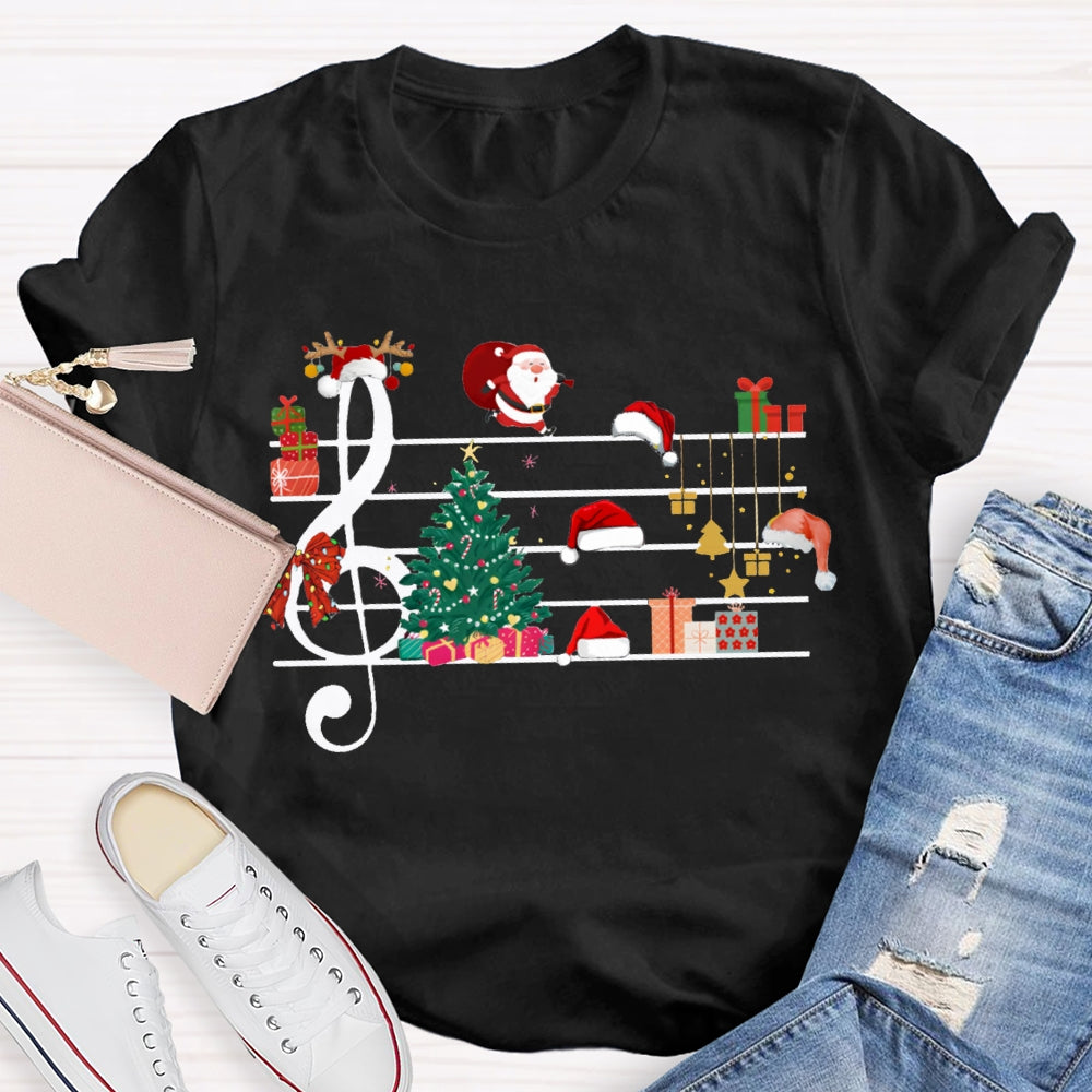 Christmas Tree Santa Claus And Santa Hat On Music Sheet Music Teacher T-shirt