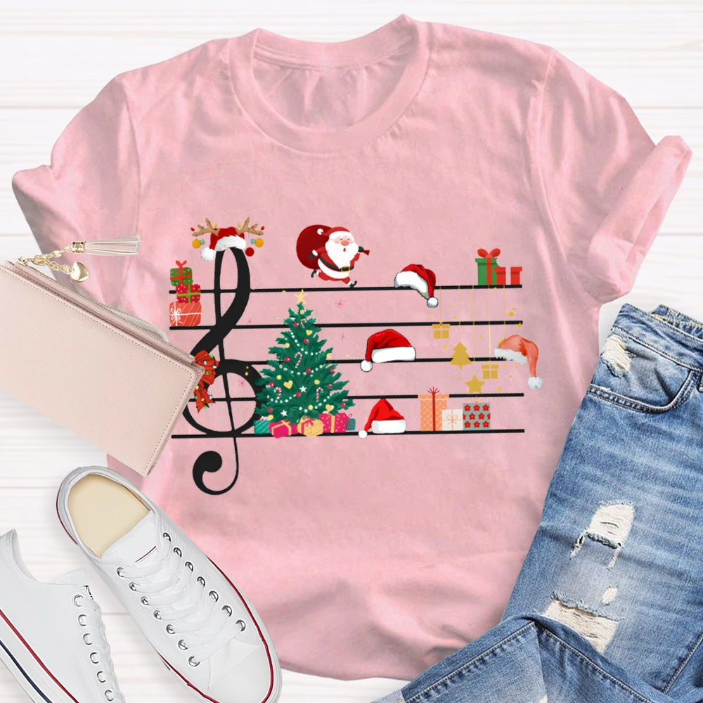 Christmas Tree Santa Claus And Santa Hat On Music Sheet Music Teacher T-shirt