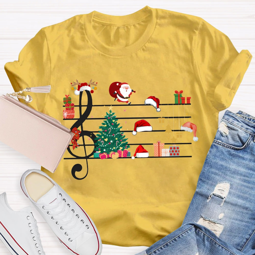 Christmas Tree Santa Claus And Santa Hat On Music Sheet Music Teacher T-shirt