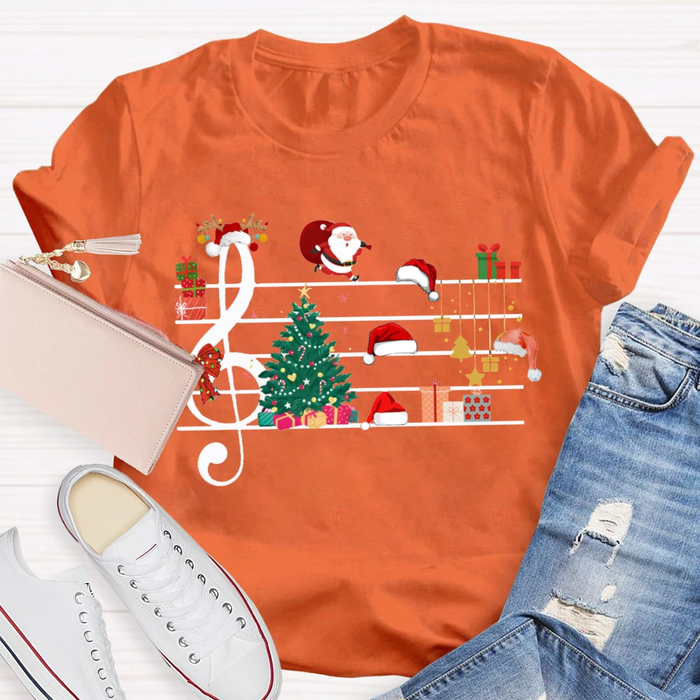 Christmas Tree Santa Claus And Santa Hat On Music Sheet Music Teacher T-shirt