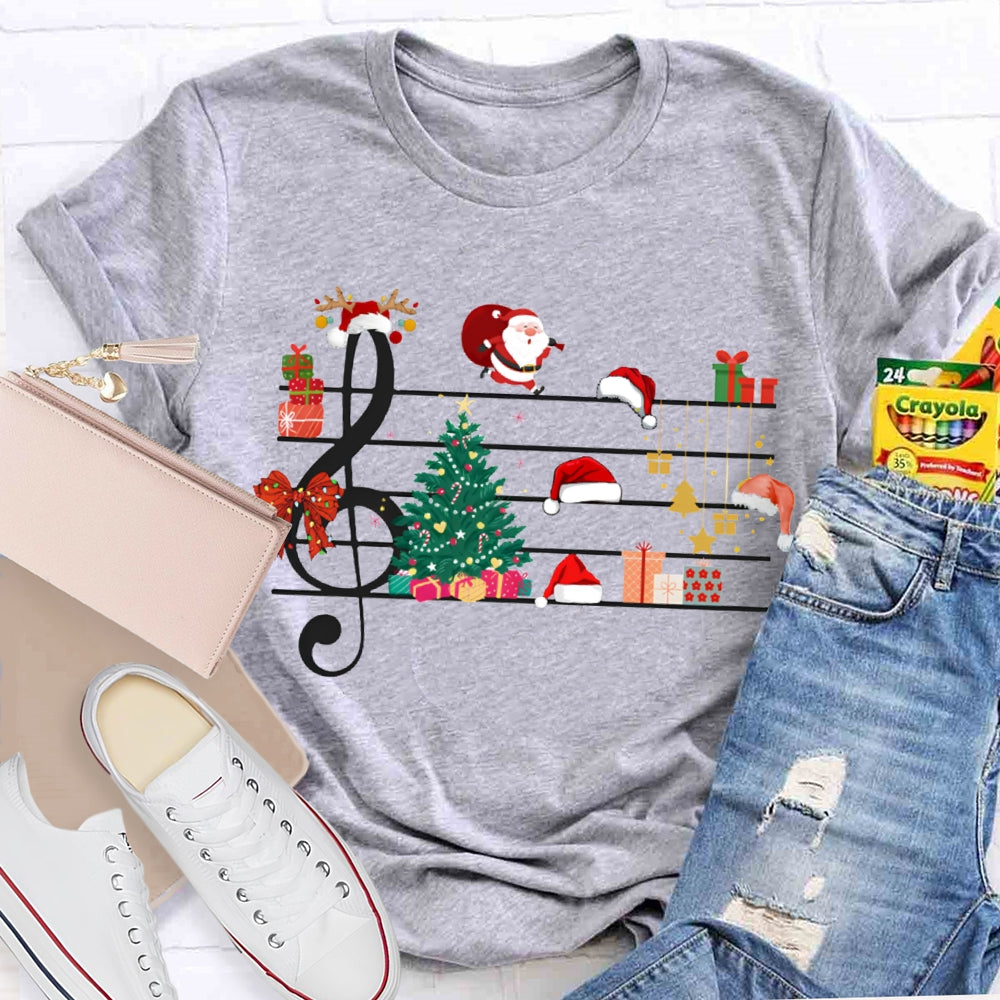 Christmas Tree Santa Claus And Santa Hat On Music Sheet Music Teacher T-shirt
