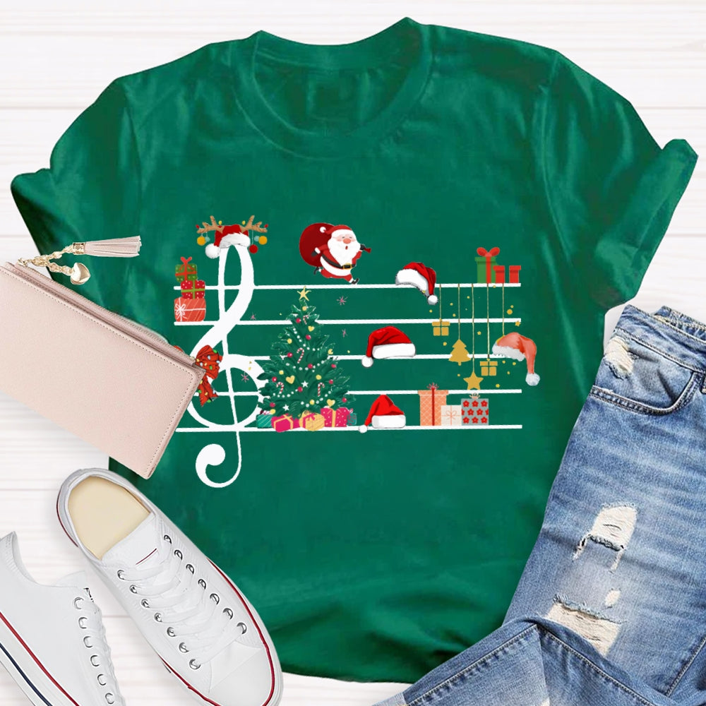 Christmas Tree Santa Claus And Santa Hat On Music Sheet Music Teacher T-shirt