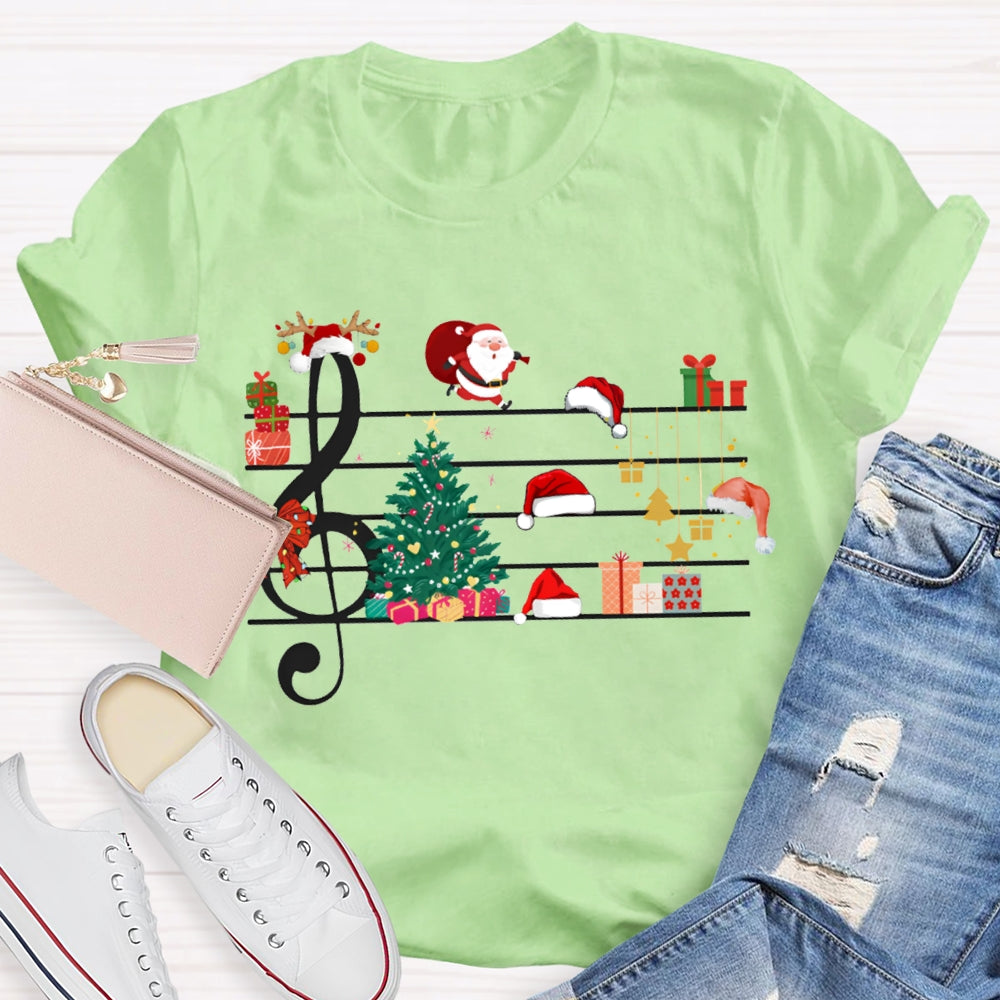 Christmas Tree Santa Claus And Santa Hat On Music Sheet Music Teacher T-shirt