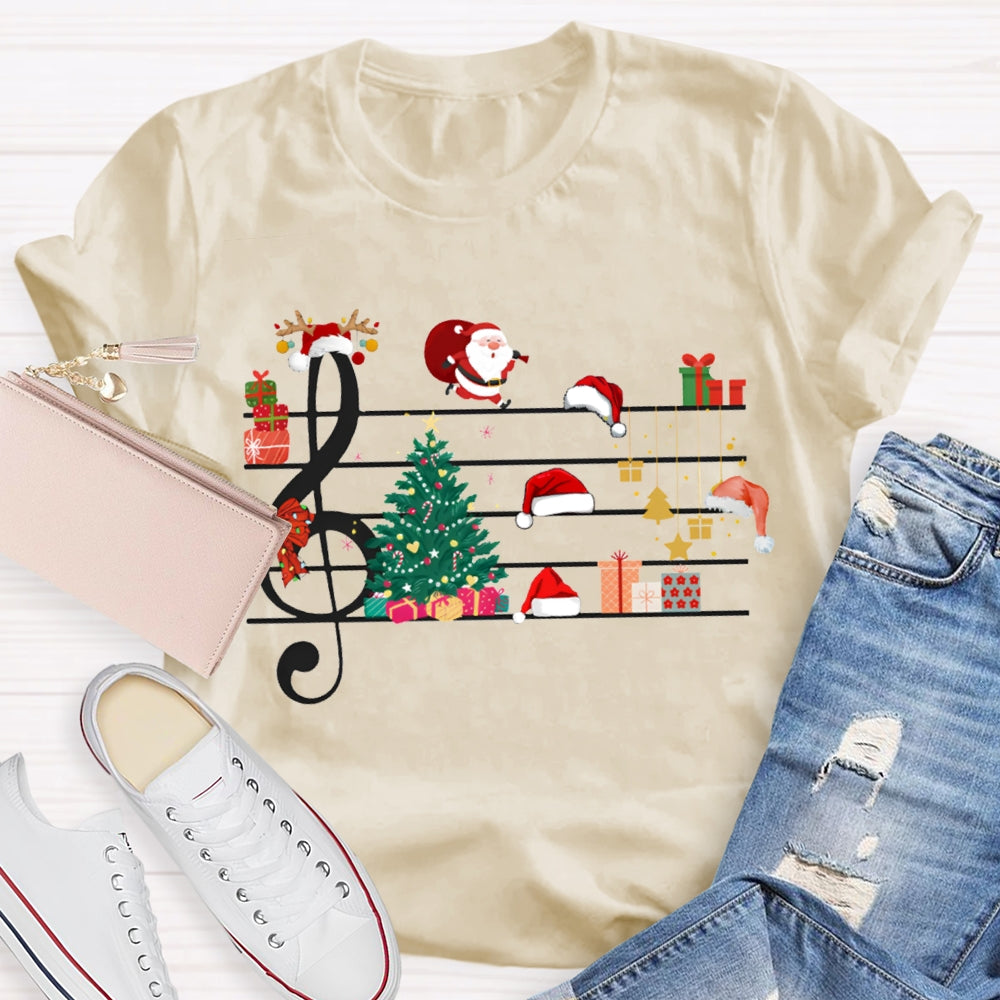 Christmas Tree Santa Claus And Santa Hat On Music Sheet Music Teacher T-shirt