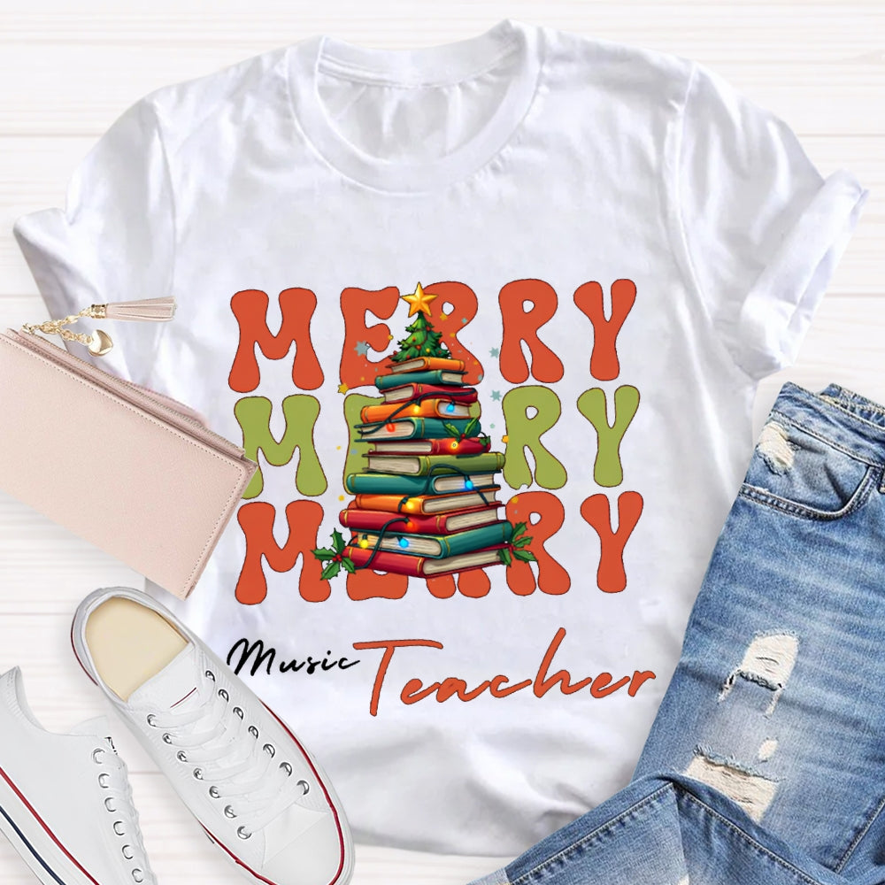 Merry Music Teacher Christmas Book Tree Christmas T-shirt