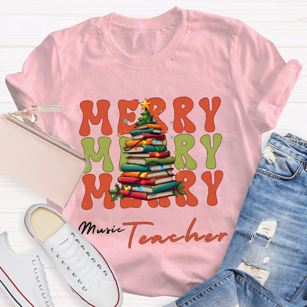 Merry Music Teacher Christmas Book Tree Christmas T-shirt