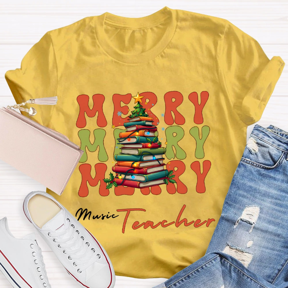 Merry Music Teacher Christmas Book Tree Christmas T-shirt