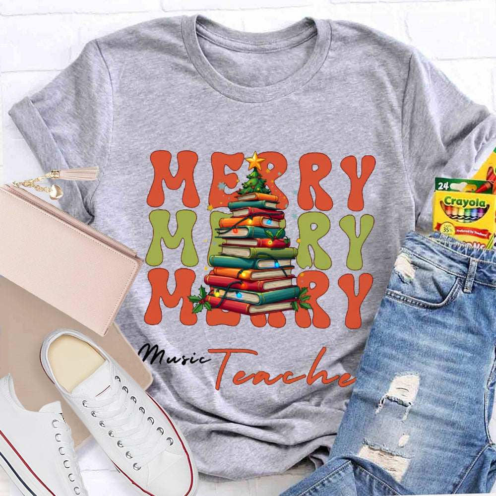 Merry Music Teacher Christmas Book Tree Christmas T-shirt