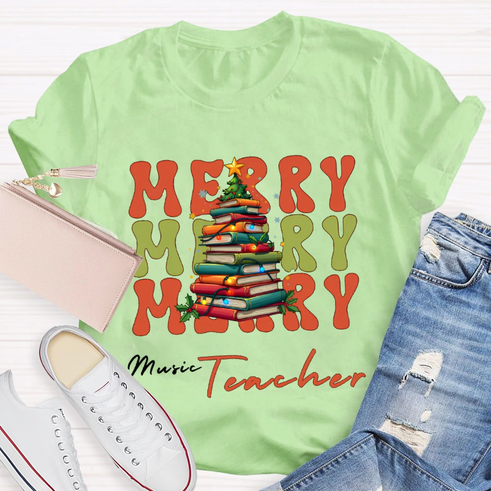 Merry Music Teacher Christmas Book Tree Christmas T-shirt