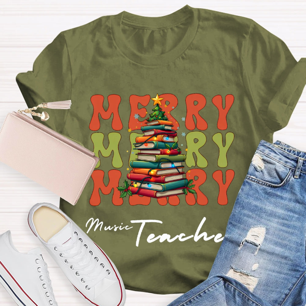 Merry Music Teacher Christmas Book Tree Christmas T-shirt