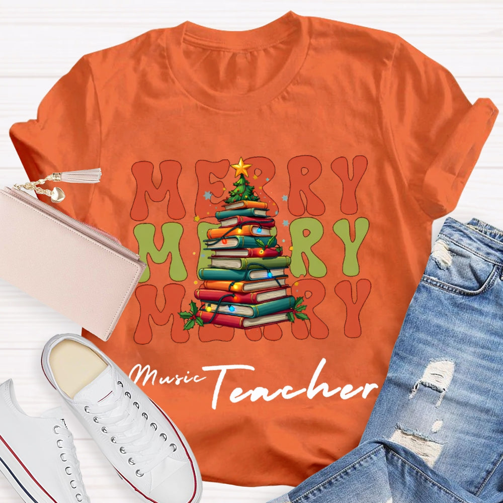 Merry Music Teacher Christmas Book Tree Christmas T-shirt
