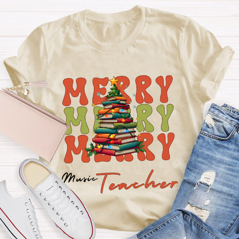 Merry Music Teacher Christmas Book Tree Christmas T-shirt