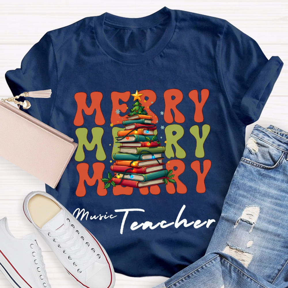Merry Music Teacher Christmas Book Tree Christmas T-shirt