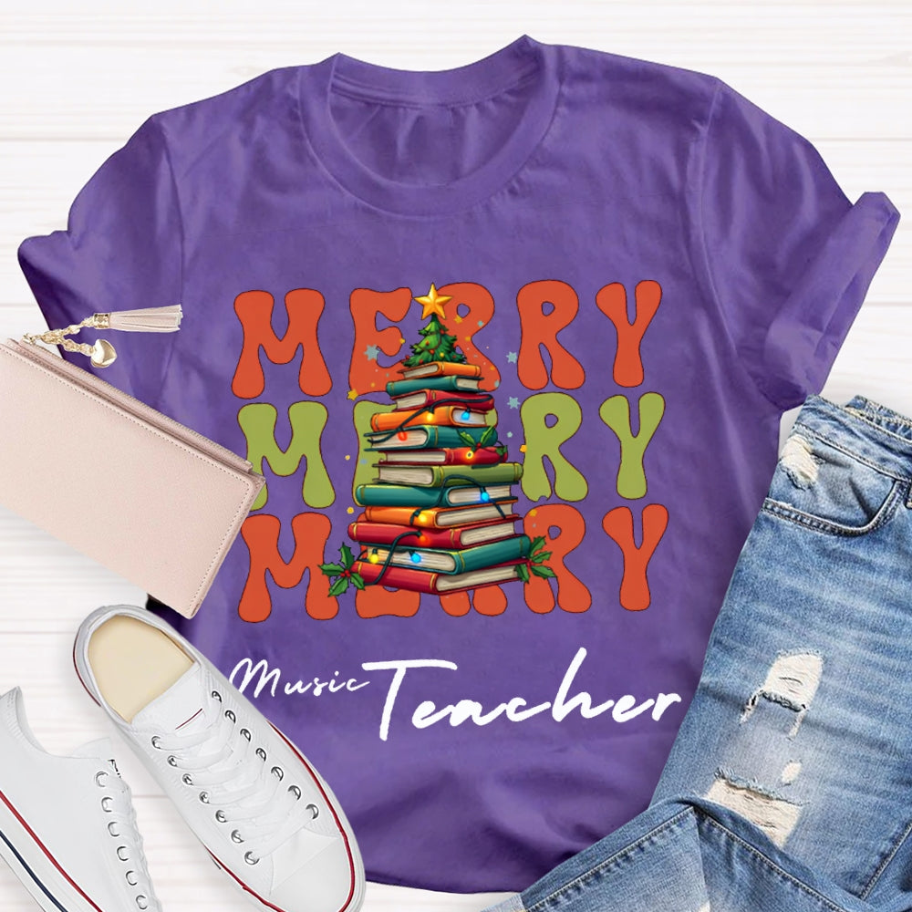 Merry Music Teacher Christmas Book Tree Christmas T-shirt