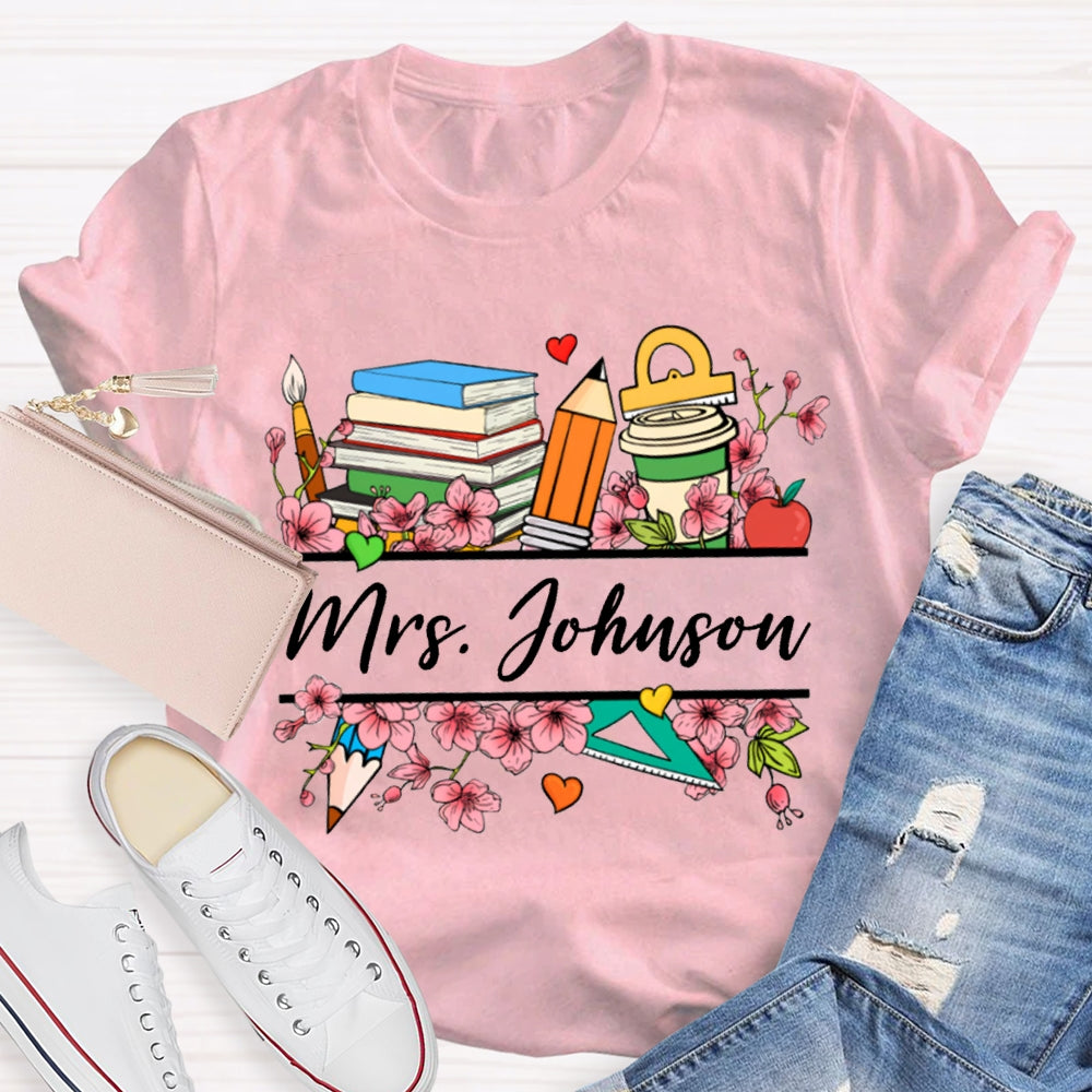 Personalized Name Colorful Flowers Teacher T-shirt