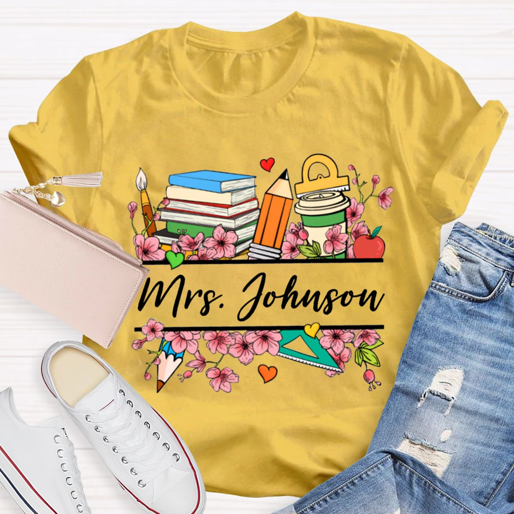 Personalized Name Colorful Flowers Teacher T-shirt
