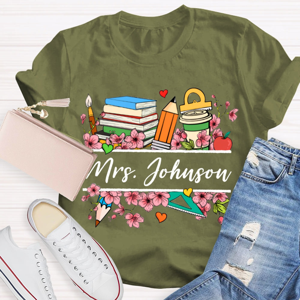 Personalized Name Colorful Flowers Teacher T-shirt