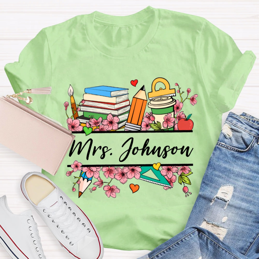 Personalized Name Colorful Flowers Teacher T-shirt