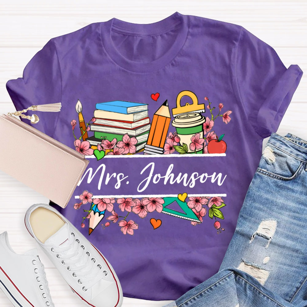 Personalized Name Colorful Flowers Teacher T-shirt