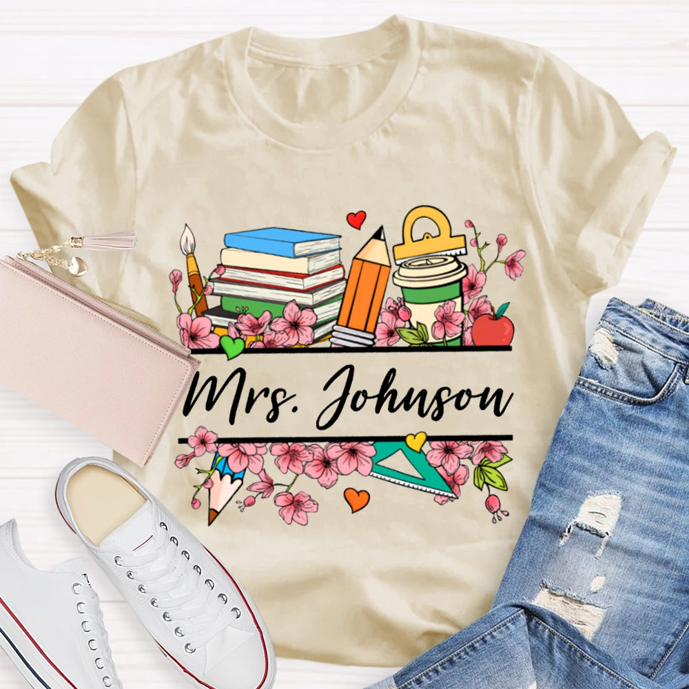 Personalized Name Colorful Flowers Teacher T-shirt