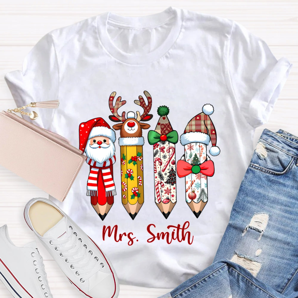 Personalized Name Santa Claus Christmas Hat Pencil Print T-Shirt