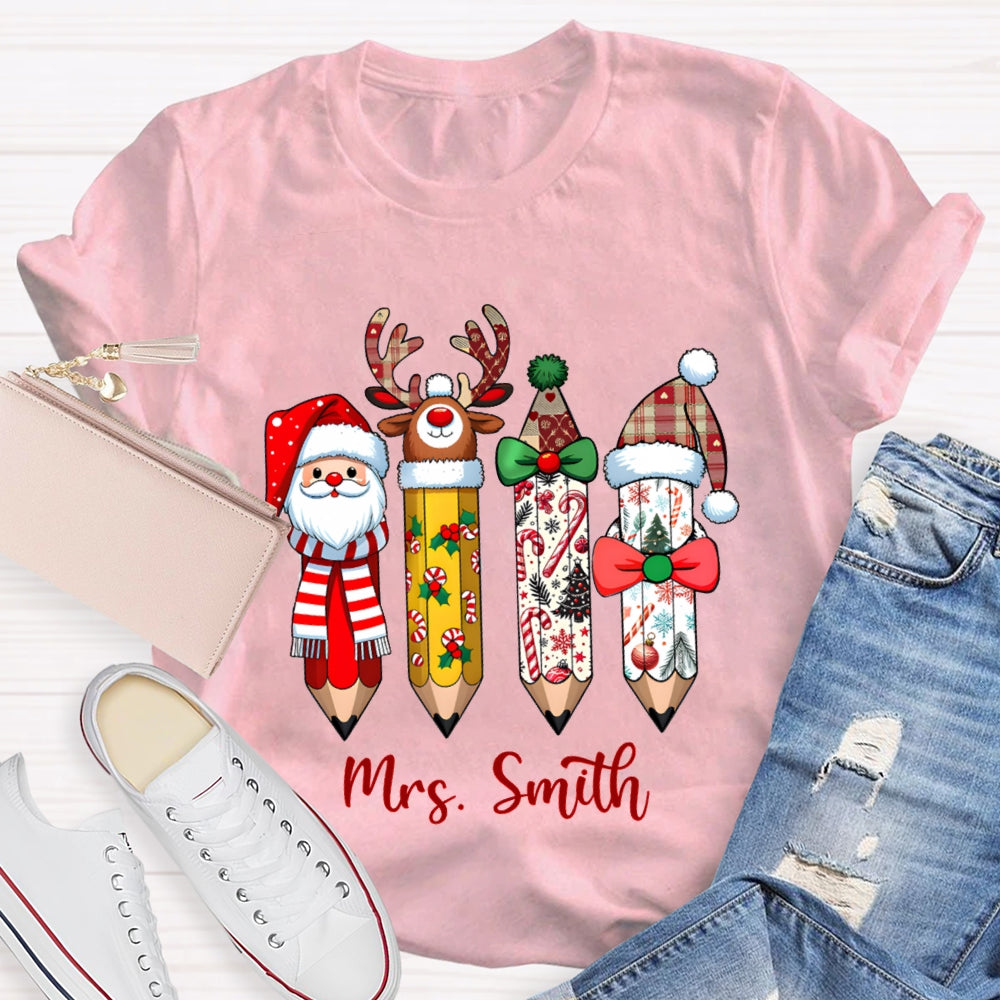 Personalized Name Santa Claus Christmas Hat Pencil Print T-Shirt