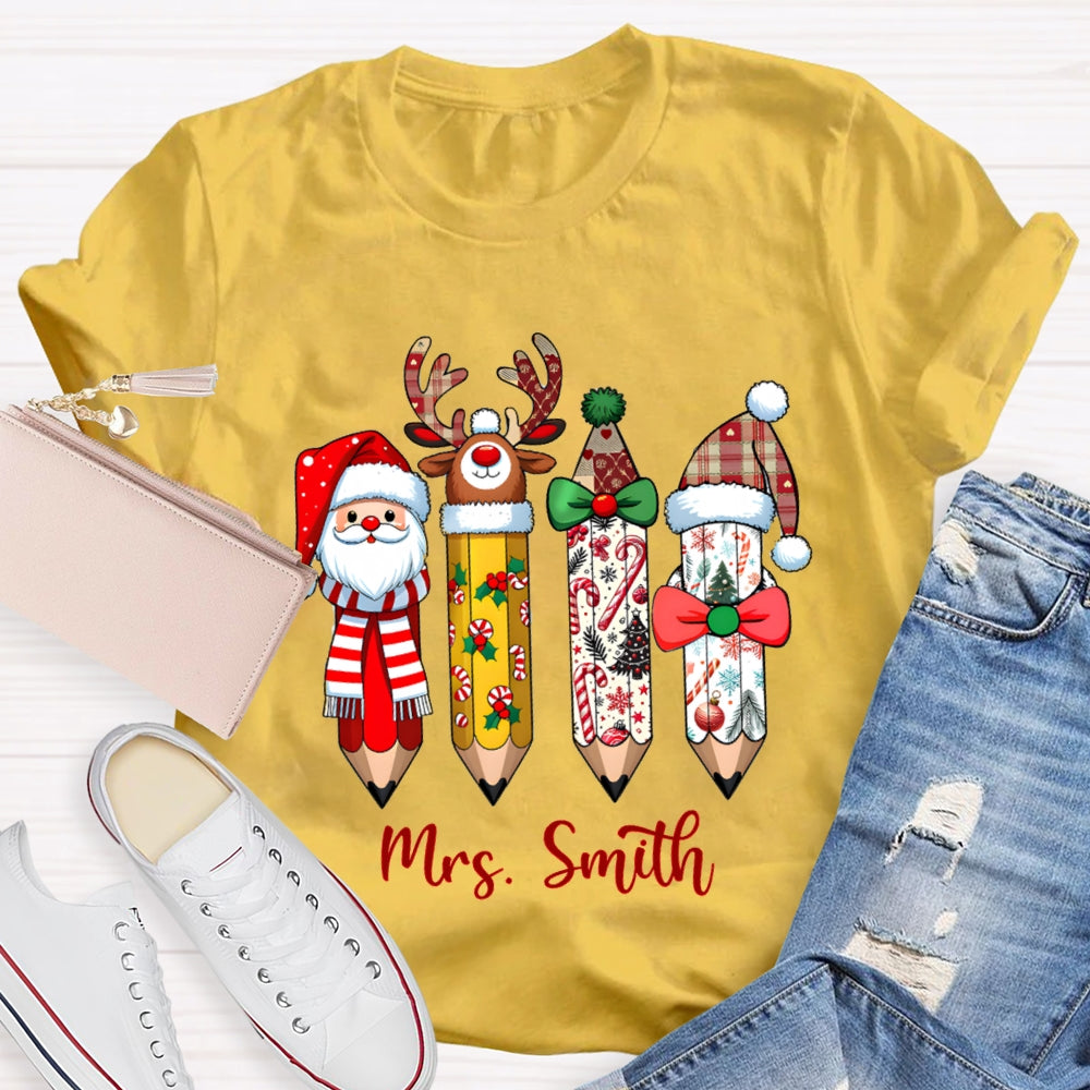Personalized Name Santa Claus Christmas Hat Pencil Print T-Shirt