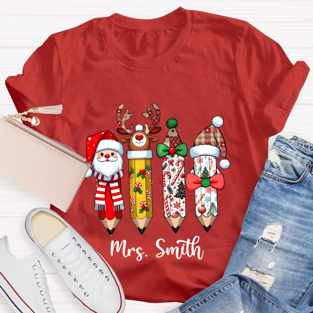 Personalized Name Santa Claus Christmas Hat Pencil Print T-Shirt