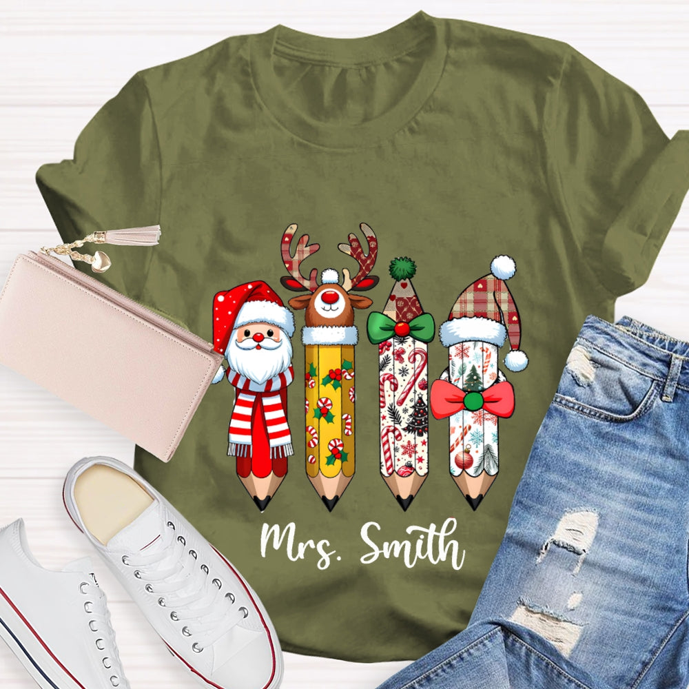 Personalized Name Santa Claus Christmas Hat Pencil Print T-Shirt