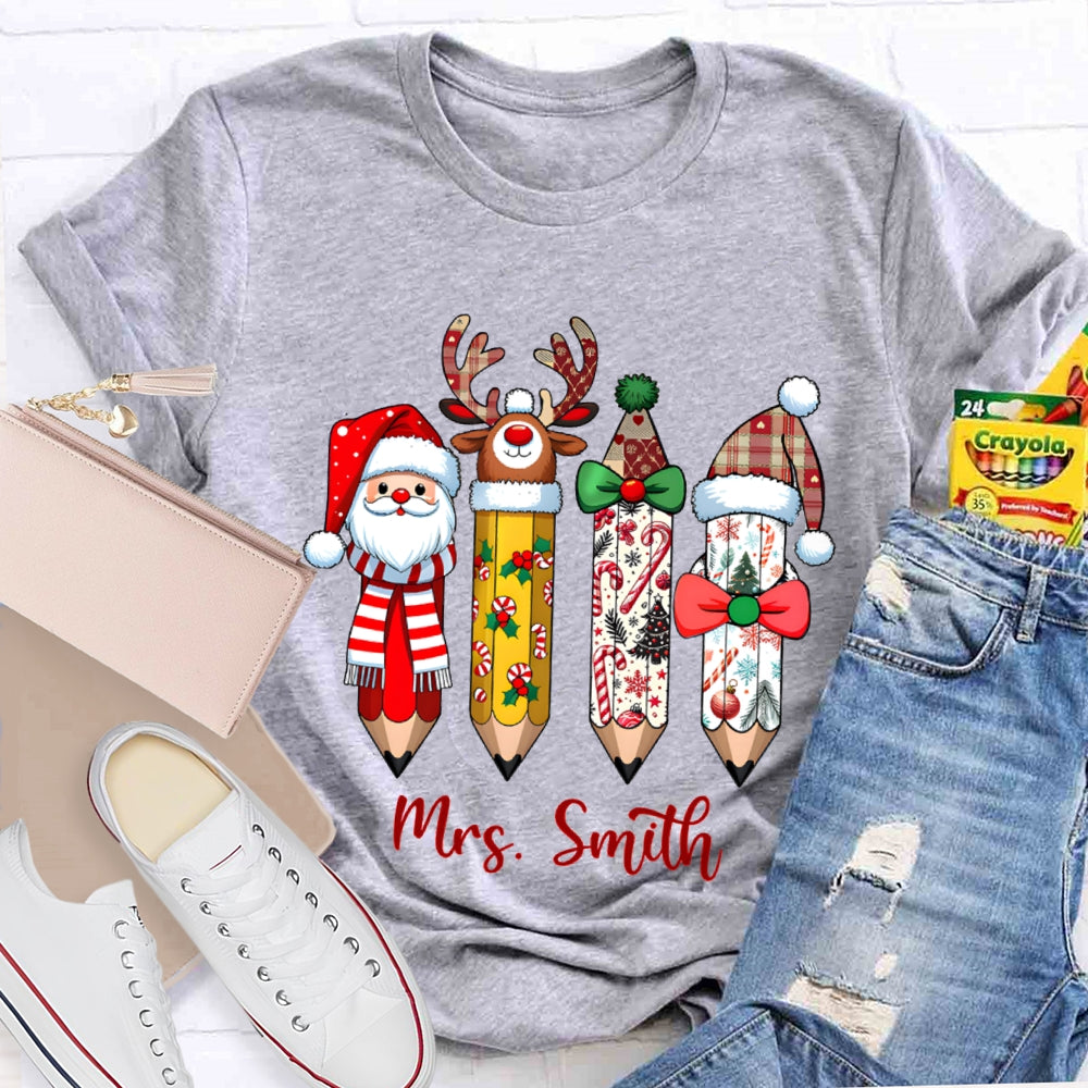 Personalized Name Santa Claus Christmas Hat Pencil Print T-Shirt