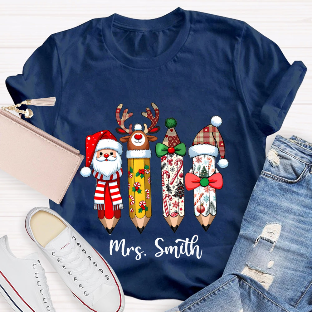 Personalized Name Santa Claus Christmas Hat Pencil Print T-Shirt