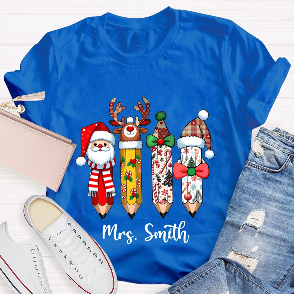 Personalized Name Santa Claus Christmas Hat Pencil Print T-Shirt
