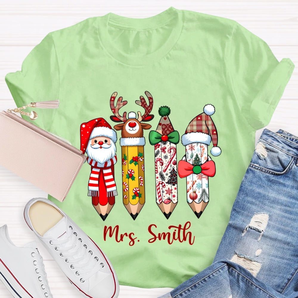 Personalized Name Santa Claus Christmas Hat Pencil Print T-Shirt