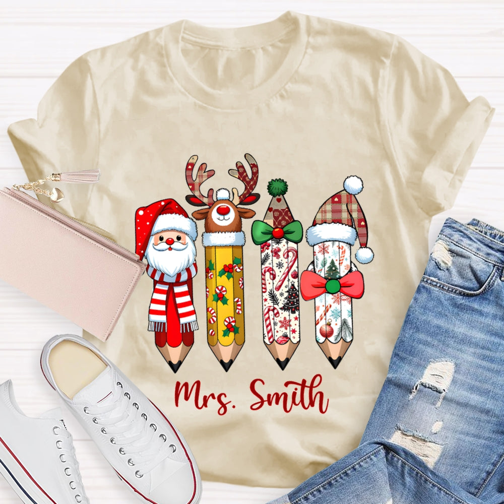 Personalized Name Santa Claus Christmas Hat Pencil Print T-Shirt