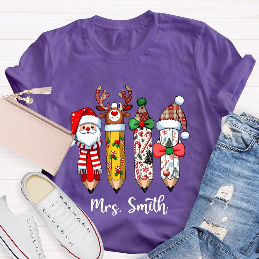 Personalized Name Santa Claus Christmas Hat Pencil Print T-Shirt
