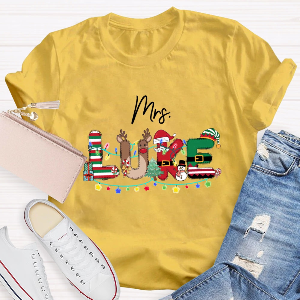 Personalized Name Christmas Red And Green Striped Print T-Shirt
