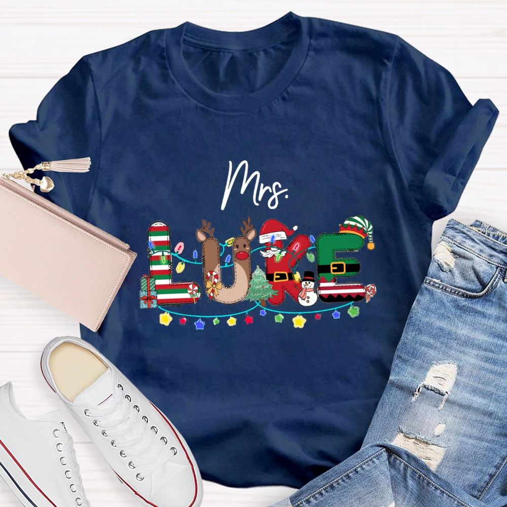 Personalized Name Christmas Red And Green Striped Print T-Shirt