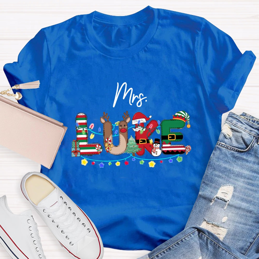 Personalized Name Christmas Red And Green Striped Print T-Shirt