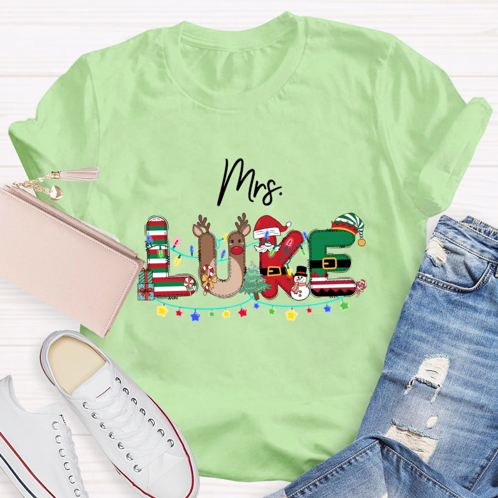 Personalized Name Christmas Red And Green Striped Print T-Shirt
