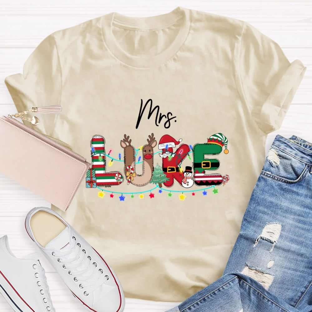 Personalized Name Christmas Red And Green Striped Print T-Shirt