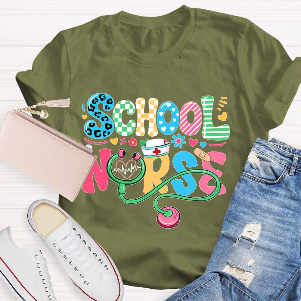 School Nurse Flower Letters T-shirt