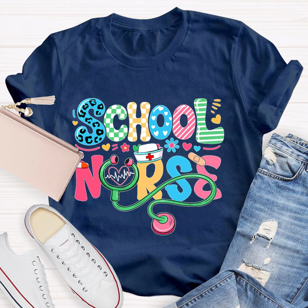School Nurse Flower Letters T-shirt
