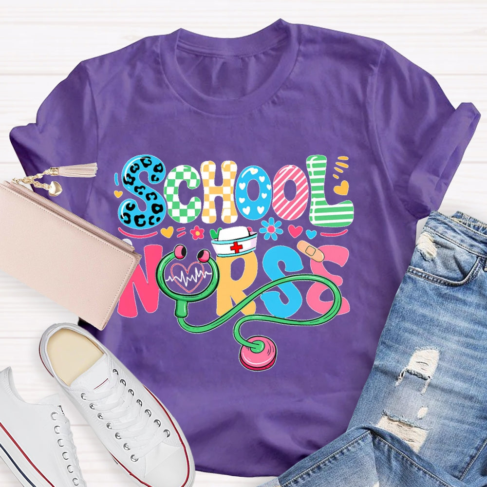 School Nurse Flower Letters T-shirt