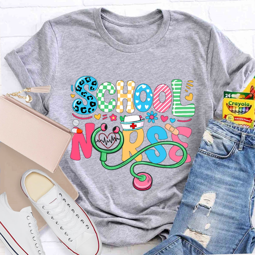 School Nurse Flower Letters T-shirt