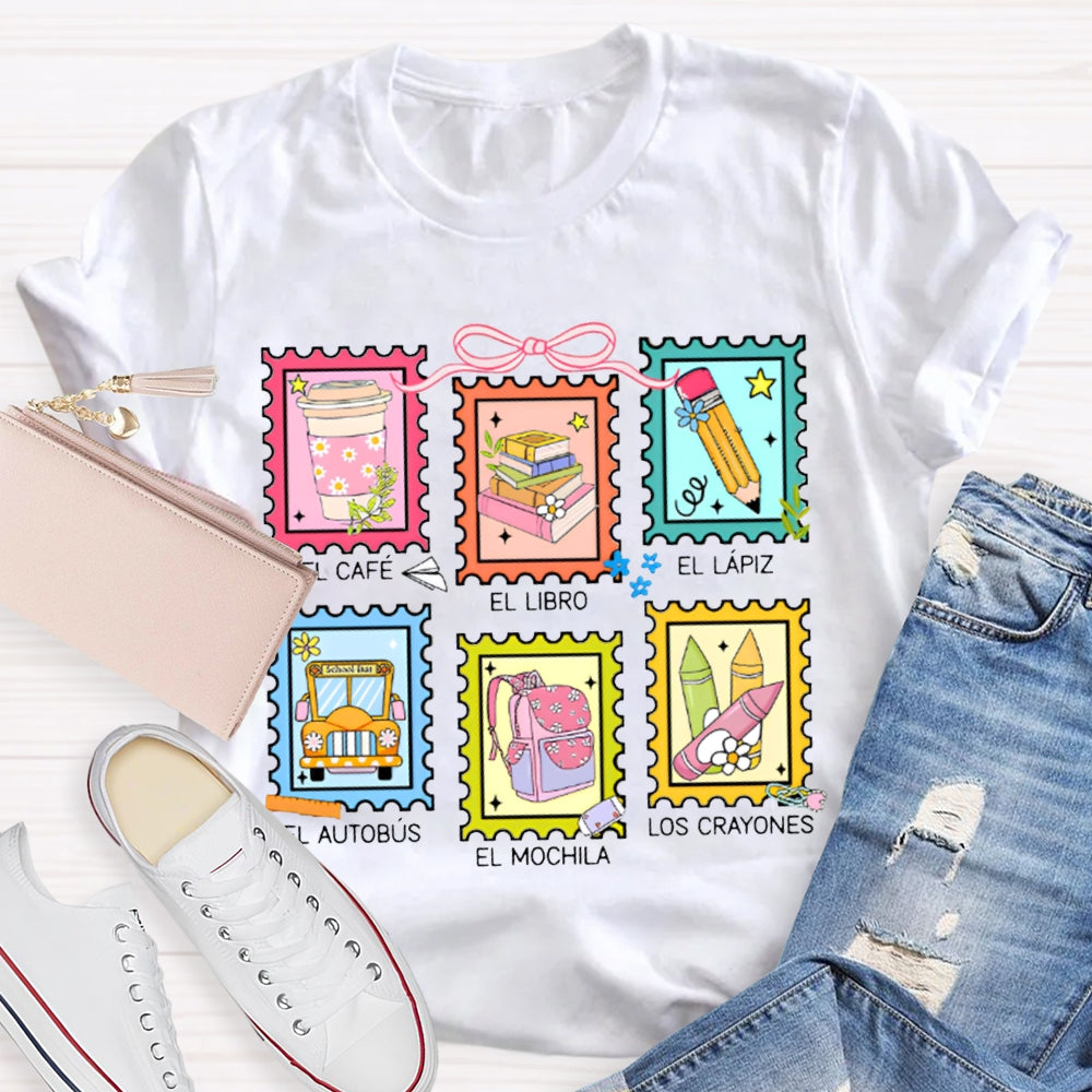 El Cafe El Libro El Lapiz El Autobus El Mochila Los Crayones Bilingual Teacher T-shirt