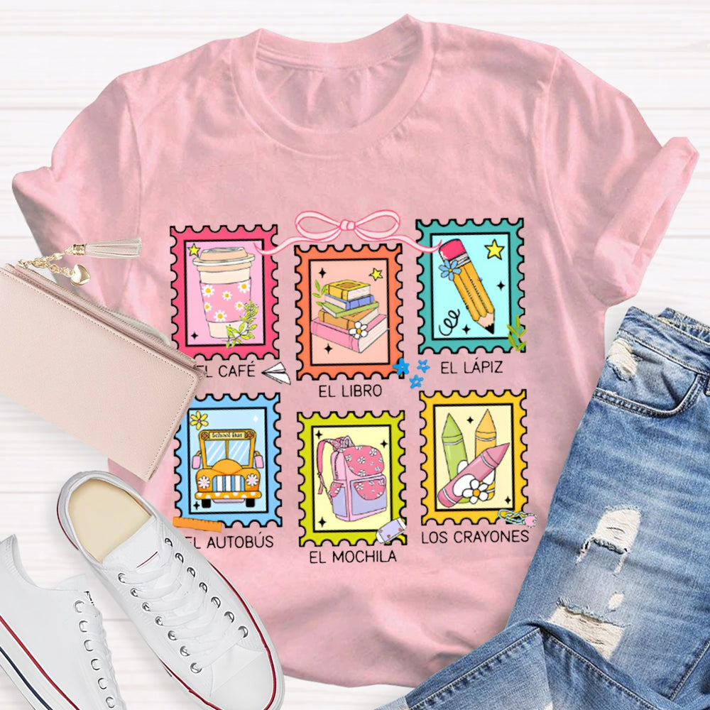 El Cafe El Libro El Lapiz El Autobus El Mochila Los Crayones Bilingual Teacher T-shirt