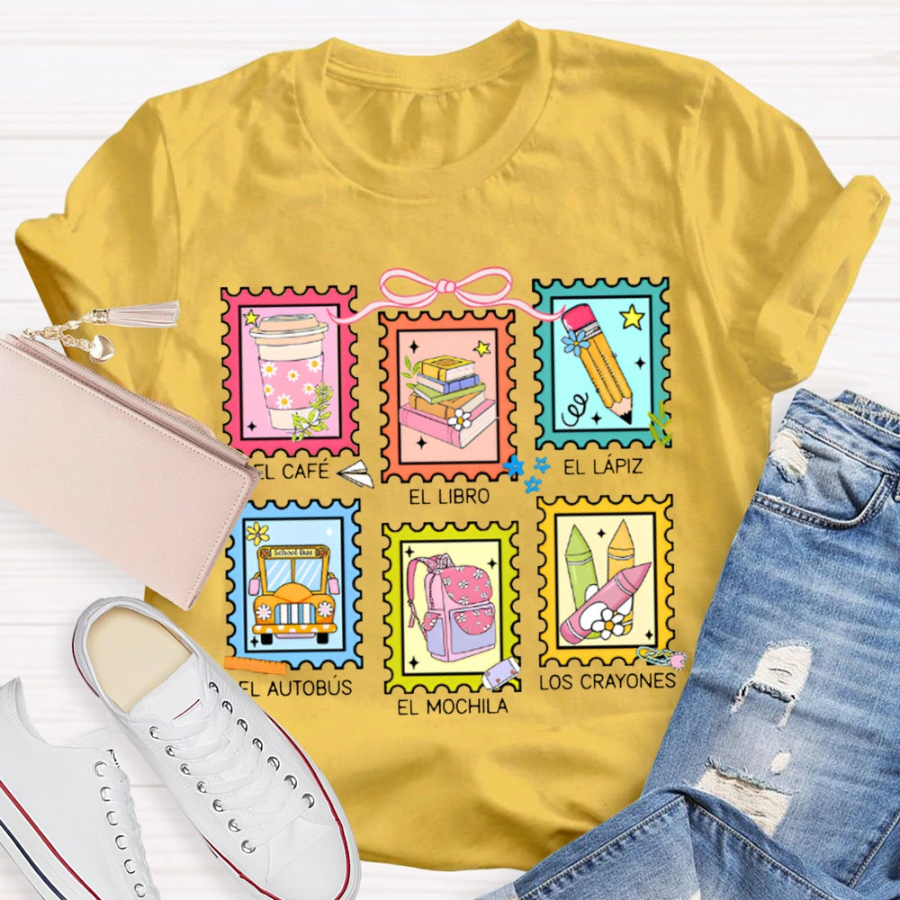 El Cafe El Libro El Lapiz El Autobus El Mochila Los Crayones Bilingual Teacher T-shirt