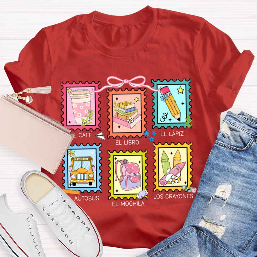 El Cafe El Libro El Lapiz El Autobus El Mochila Los Crayones Bilingual Teacher T-shirt